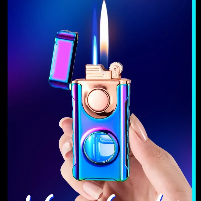 

Creative Double Fire Gas Lighter Metal Lighter with LED Blue Visible Gas Window Charge and Open Fire Lighter Blue Light