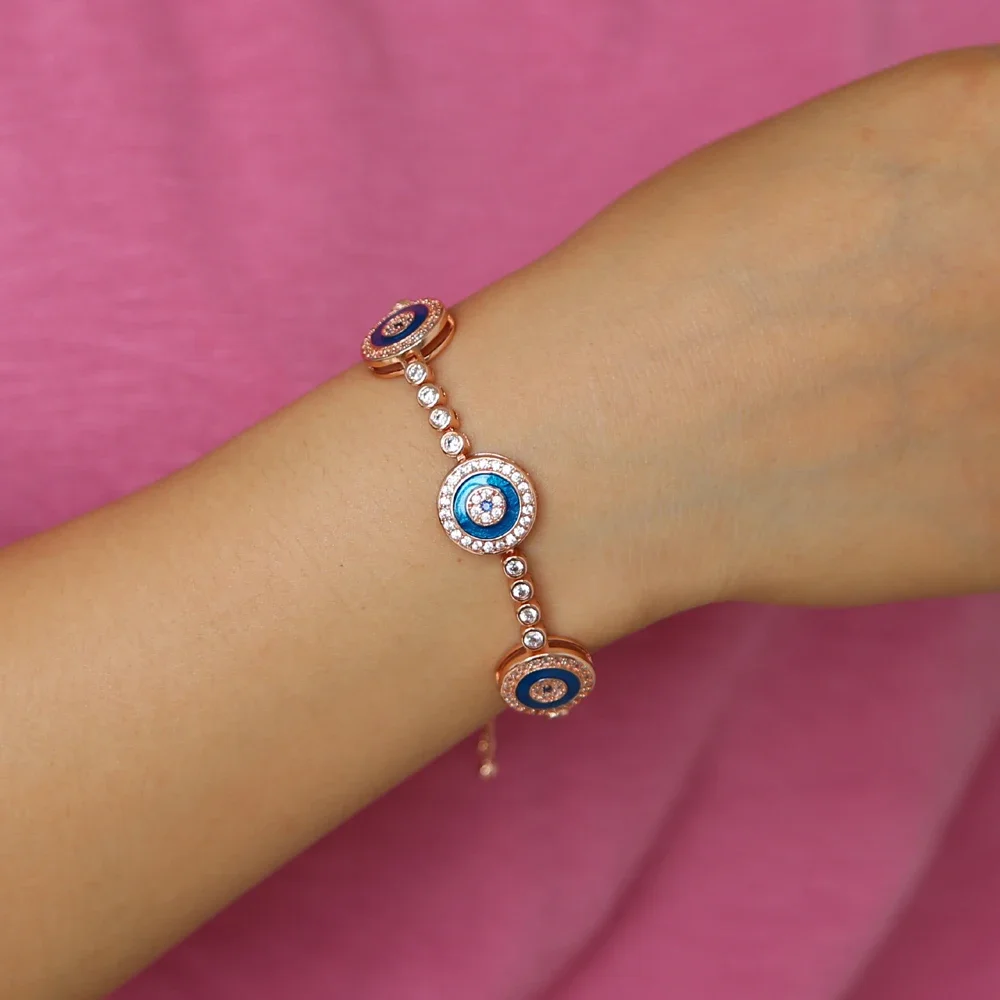 three dots round geometric disk charm blue turkish evil eye tennis bracelet fashion rose gold color bangles