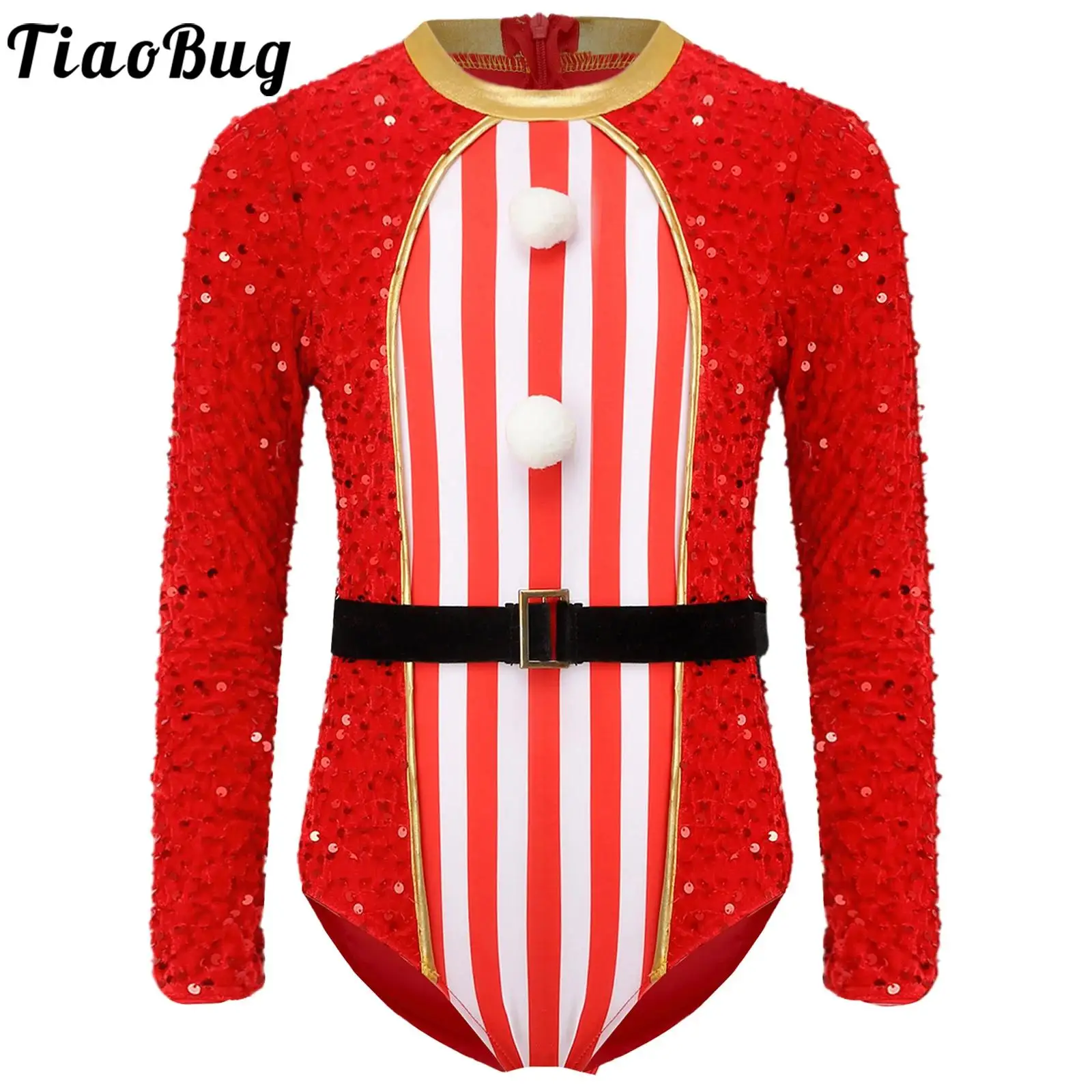 

Girls Christmas Bodsysuit Ballet Gymnastics Leotard Sequin Long Sleeve Stripes Body Suit Xmas Dance Party Cosplay Costume