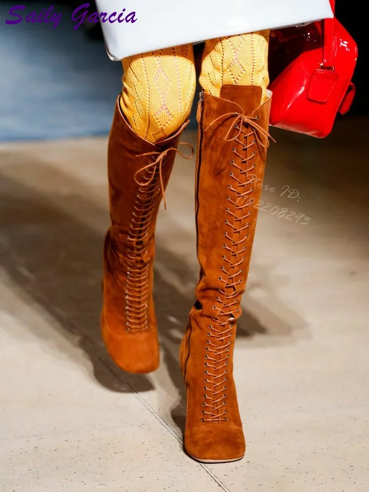 

Retro Suede Cross-tied Boots Patent Round Toe Lace-up Square Heel Knee-high Boots Side Zipper Autumn Fashion Shoes Women 2025
