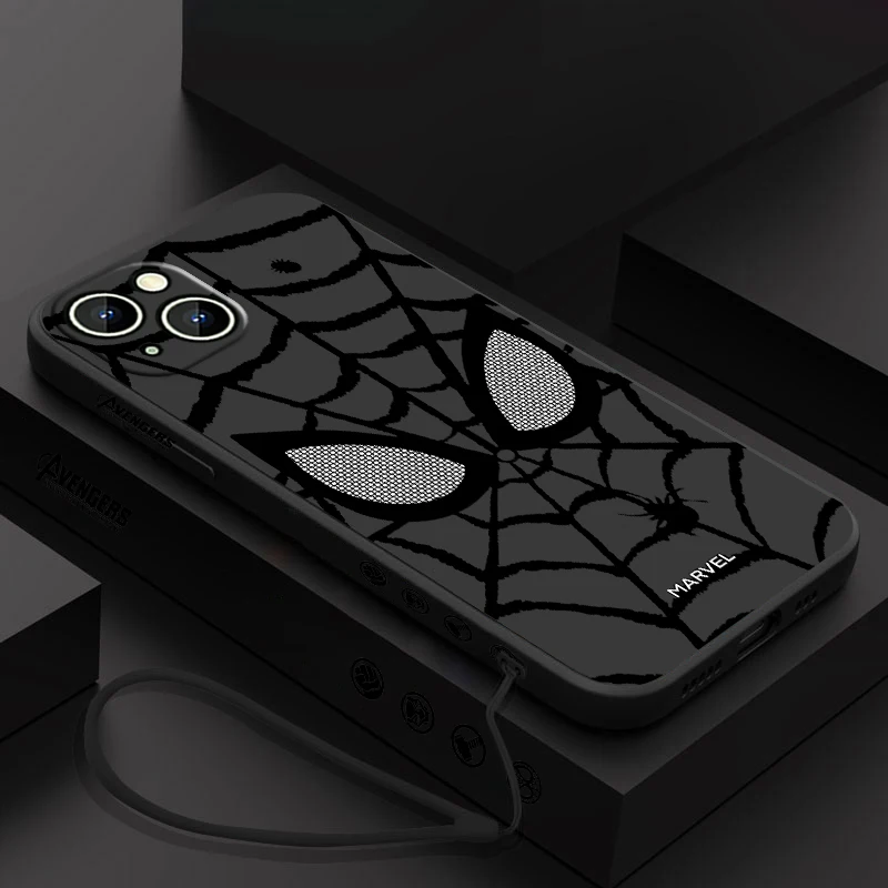 Funda de teléfono Marvel Spider-Man para Apple iPhone, 15, 14, 13, 12, 11 Pro Max Plus, 8, 7, SE, funda líquida con Capa de cuerda izquierda