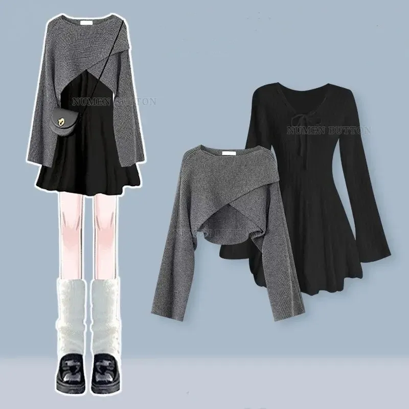 

Women's Autumn Winter New Vintage Cross Knit Sweater+Short Slim Skirt Two-piece Suit Korean Elegant Pullover Dress Matching Set