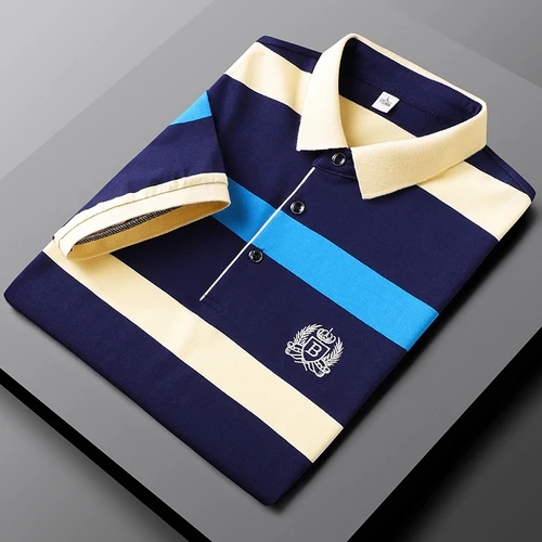 Imagen 2 del producto Nuevo Polo clásico a rayas de verano para hombre, Polo de algodón de manga corta bordado informal de negocios, Polo caliente para hombre, triangulación de envíos
