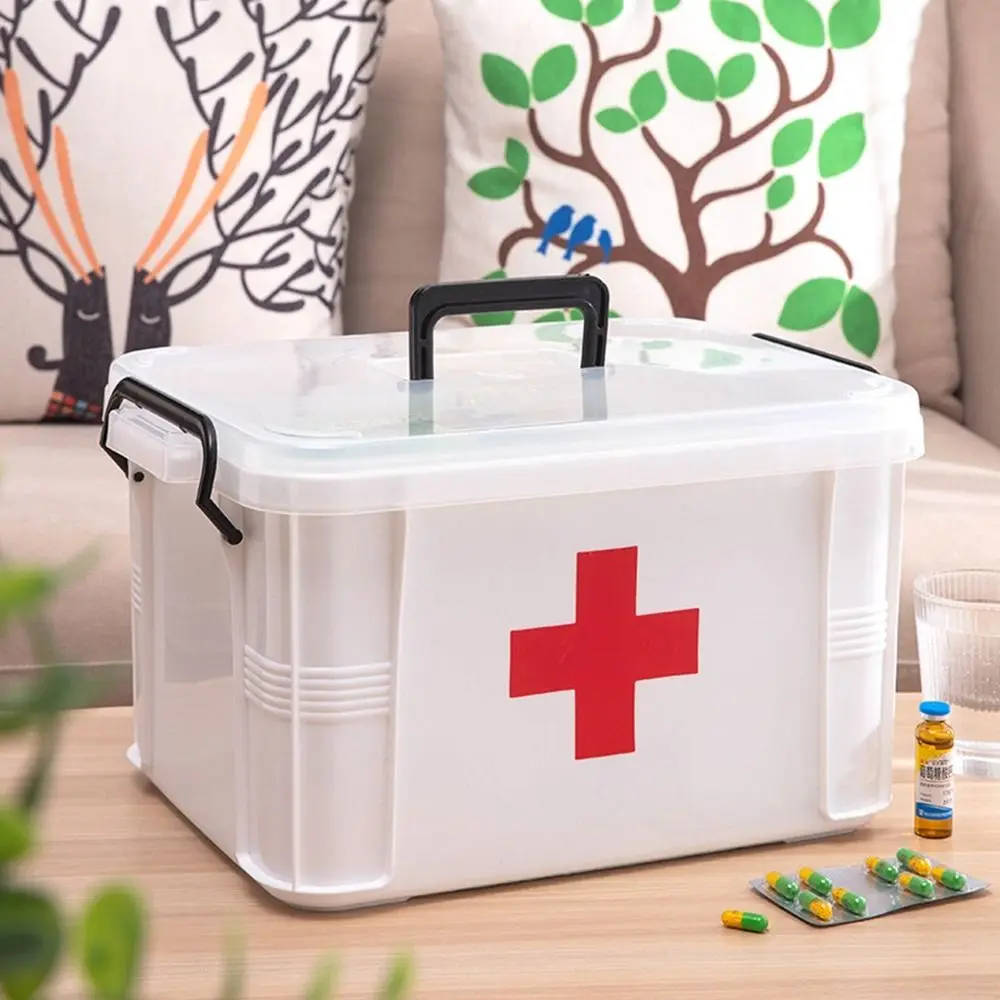 

Multifunctional Plastic Medicine Storage Box Moisture-proof Double Layers Emergency Box with Handle Compartment Household