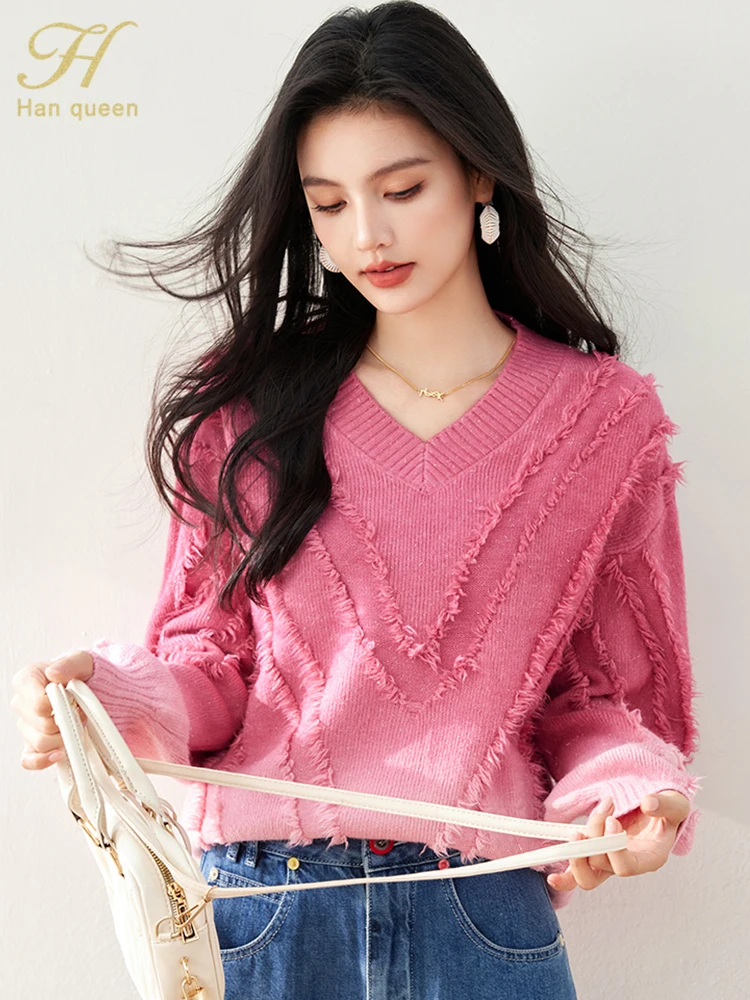 H Han Queen 2024 Autumn Tops Knitwear Sweater Lazy Style V-neck Chic Vintage Casual knitted Pullover Sweaters Women's Clothing