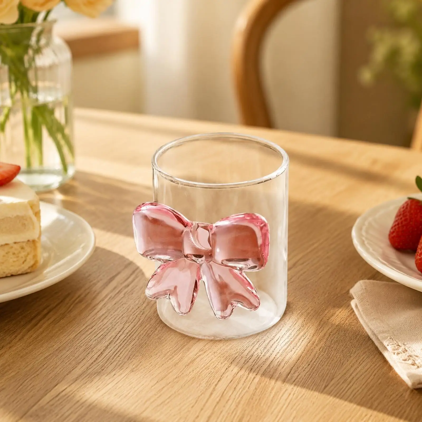 Clear Glass Tumbler with Cute Bow Embellishment for Serving Cold Beverages Feminine Home Decor Style