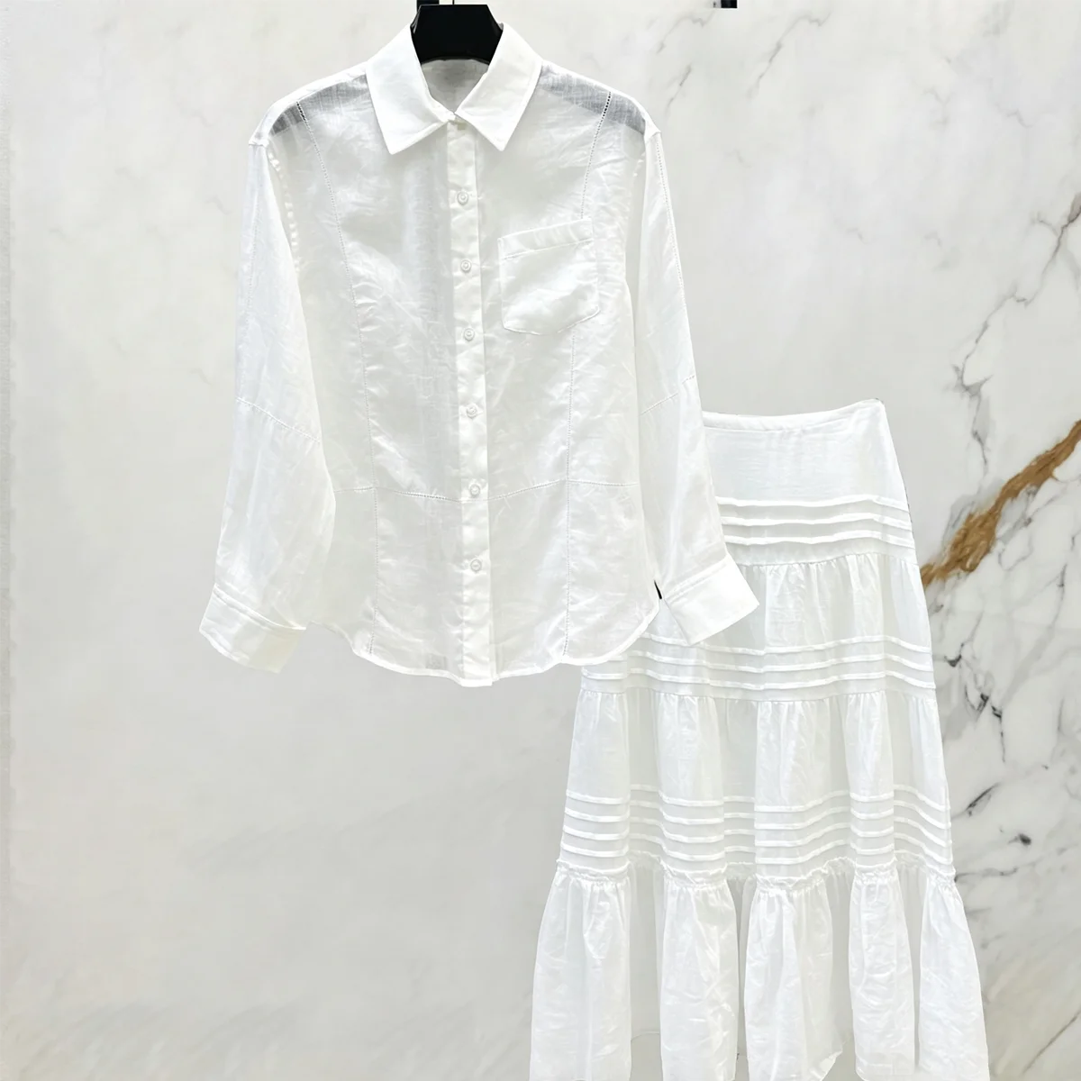 2026 Elegant Women 2 Piece Outfit Lapel Long Sleeve Button Down Shirt High Waist Tiered Ruffle Midi Skirt lyt26709231