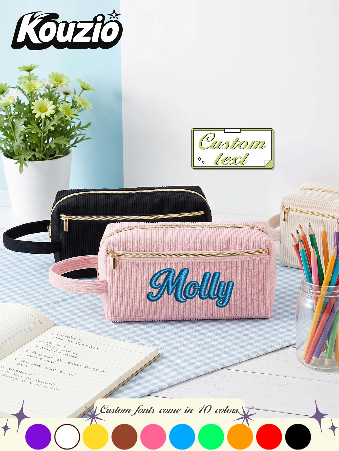 Personalized Embroidered Corduroy Pencil Case Front Pocket Portable Pen Storage Organizer with Handle Back to School Supplies