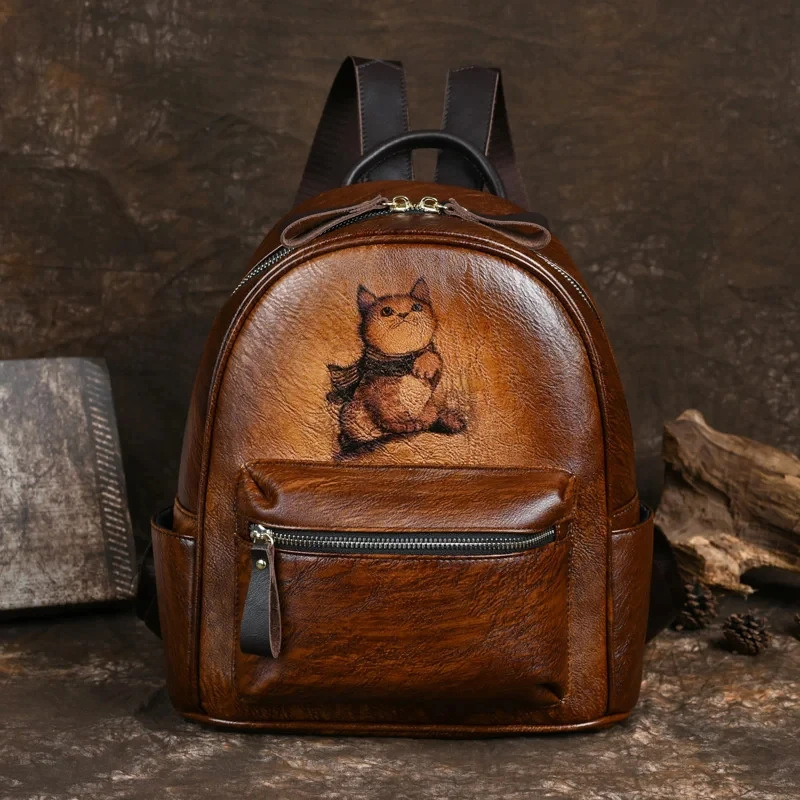 2024 New leather hot selling retro women\'s backpack with large capacity top layer cowhide casual backpack, hand painted and pain