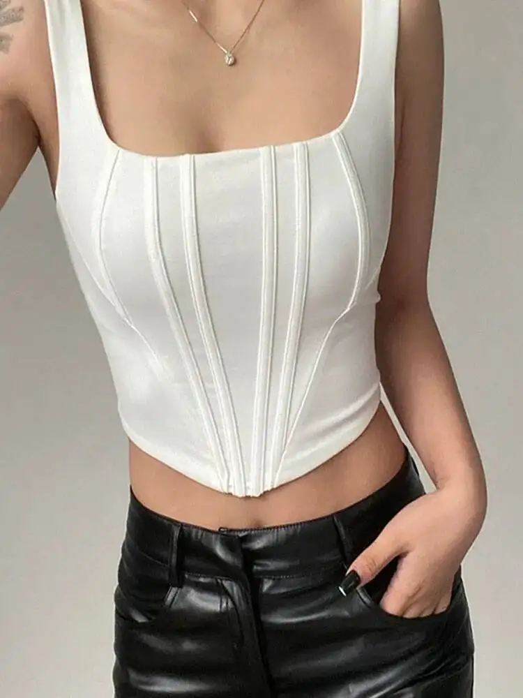 Verão colheita sexy pescoço quadrado apertado sem costas curto topo sem mangas regatas feminino casual cor sólida camisola básica