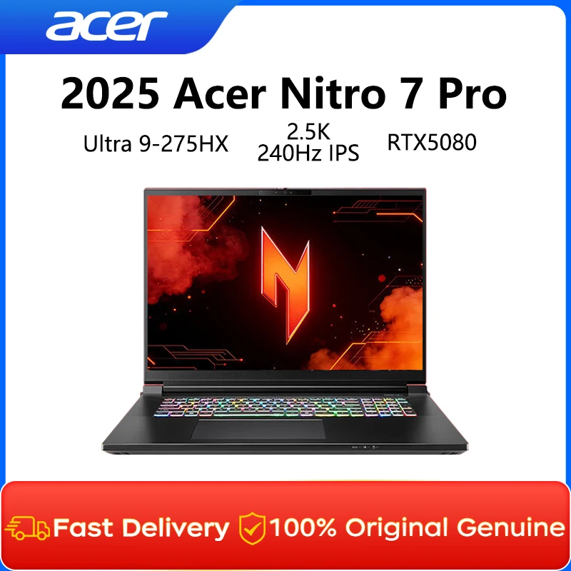 2025 Acer Nitro 7 Pro Gaming Laptop 18 Inch 2.5K 240Hz Screen Netbook Intel Ultra 9-275HX 32GB 2TB RTX5080 Notebook Computer PC