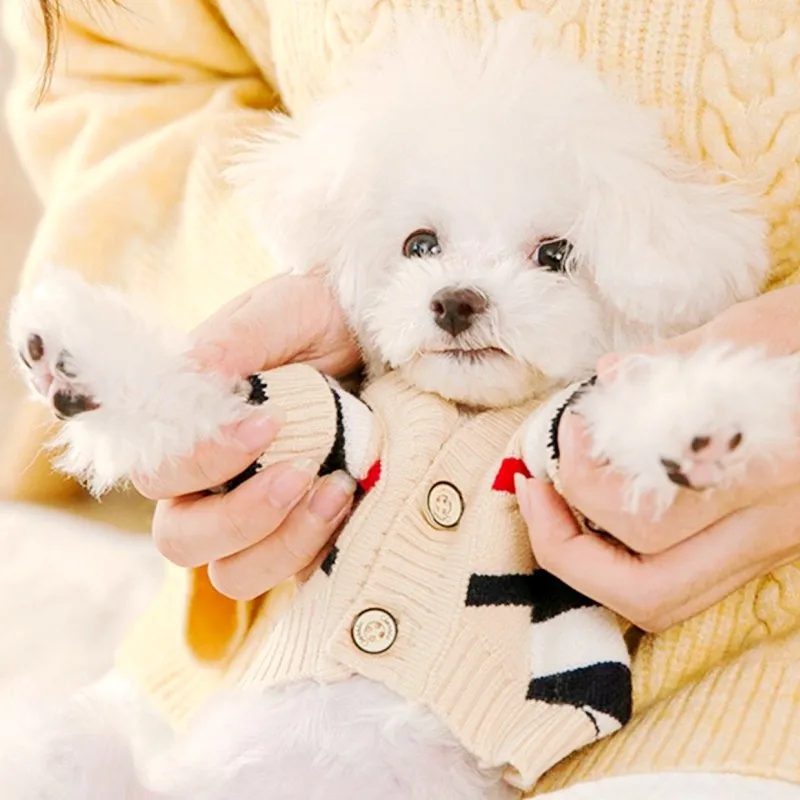 Pet Dog Sweater Luxury Dog Clothes Winter Puppy Knitted Coat Cute Striped Dog Sweater Warm Pet Cardigan French Bulldog Dog Coat