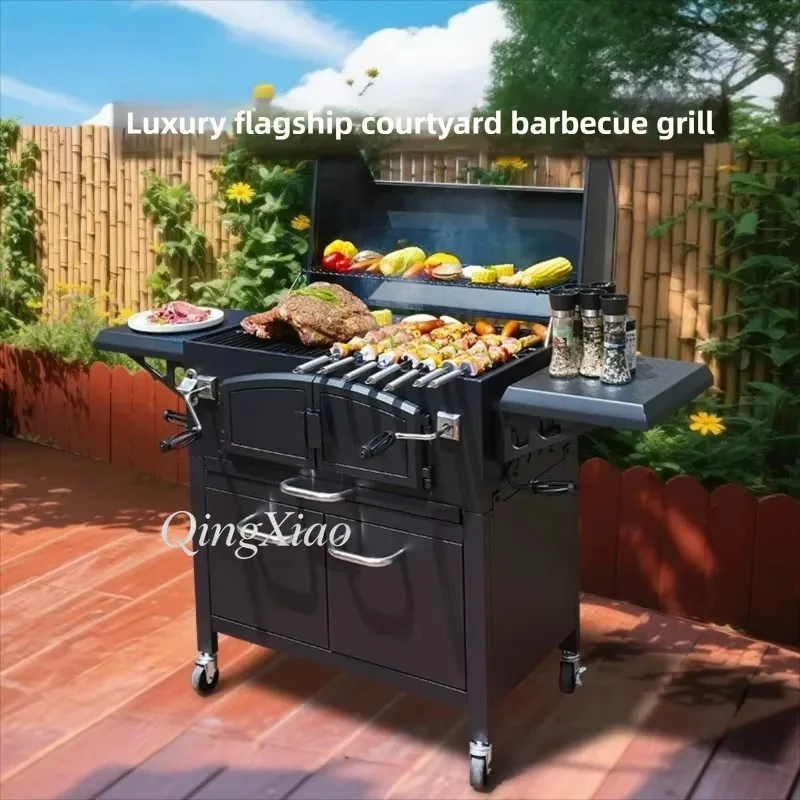 Outdoor Vertical Charcoal BBQ Grill American Style Backyard Barbecue Smoker Grill Cart with  Rolling Wheels for Family Group