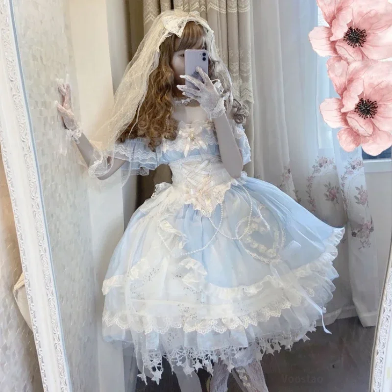 Sweet Lolita Princess Party Dress Vintage Victorian Women Elegant Mermaid Flower Wedding Dresses Girly Lace Pearls Mesh Vest^0*l