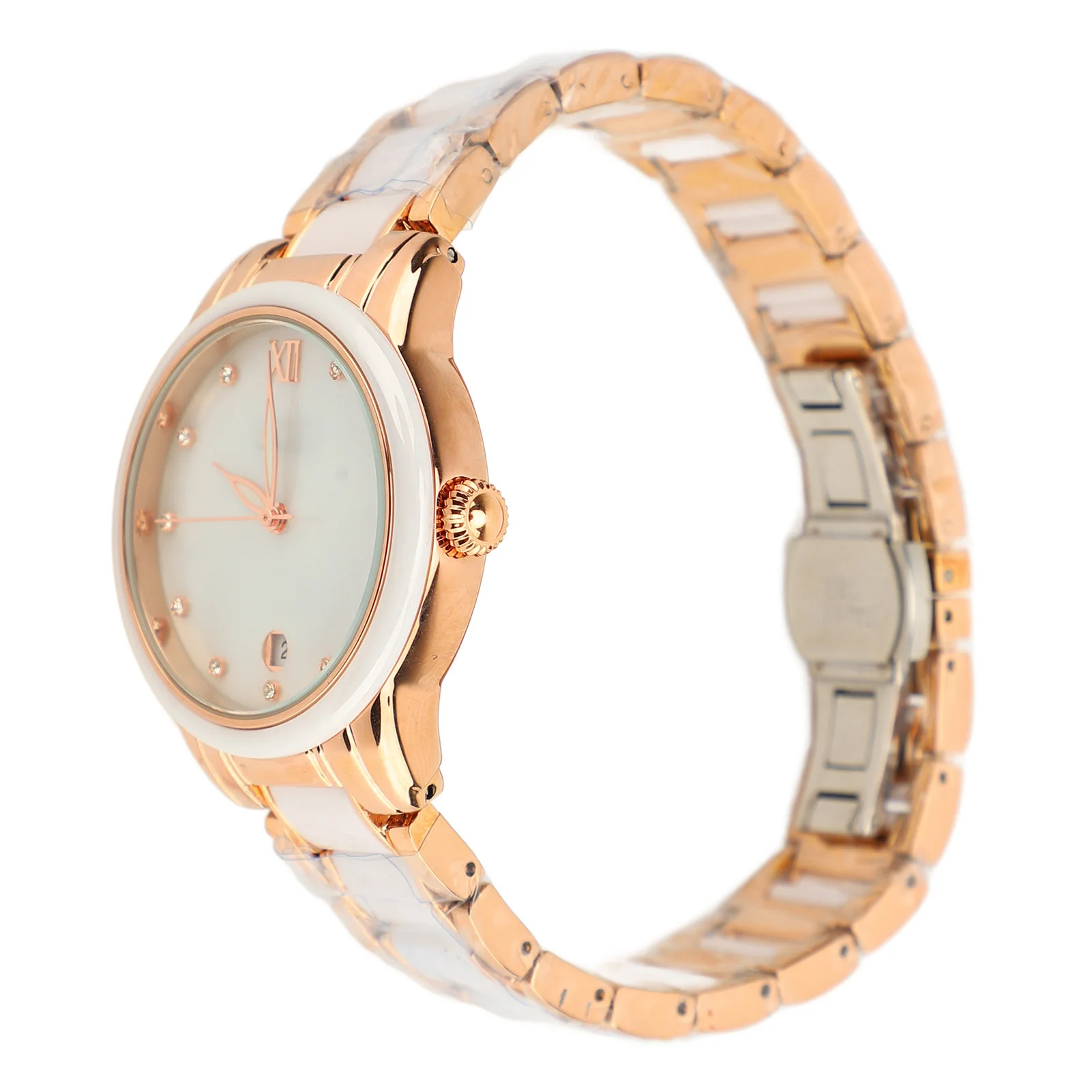 Clearance Deal Quartz Watch Rhinestone Decoration Ceramic Stainless Steel Band Water Resistant Wrist Watch with Date Rose Gold