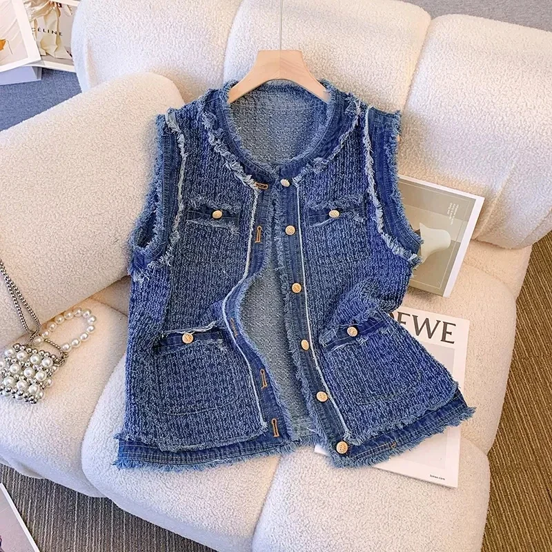 Blue Spring Autumn Flow Sleeveless Tank Top Coat Women Single Breasted Plaid Denim Vest Female Tassel Elegant Lady Vests A544