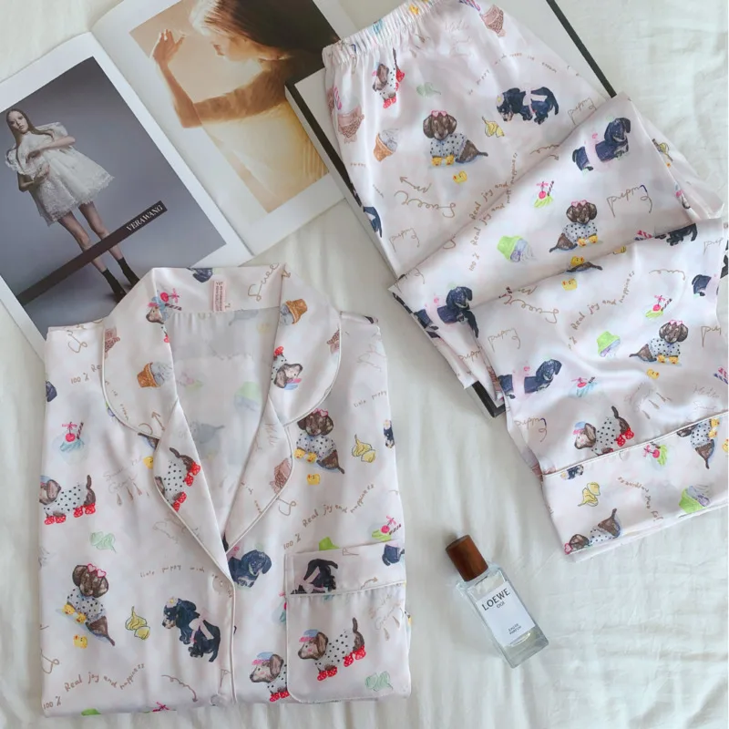 2026 Spring Summer Cute Dog Cream Cartoon Pajama Women Long Sleeve Pants Ice Silk Sweet Causal Ins 2piece Set Homewear Nightgown