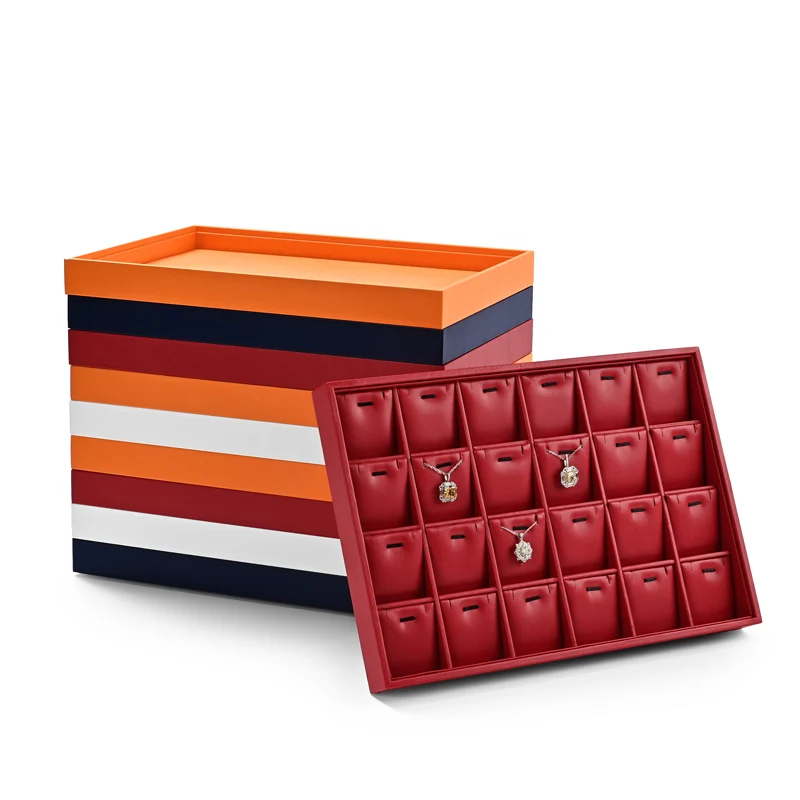 Oirlv Red Jewelry Tray Display Leather Ring Necklace Bracelet Display Grids Organizer Stackable Jewelry Display Tray Red Trays