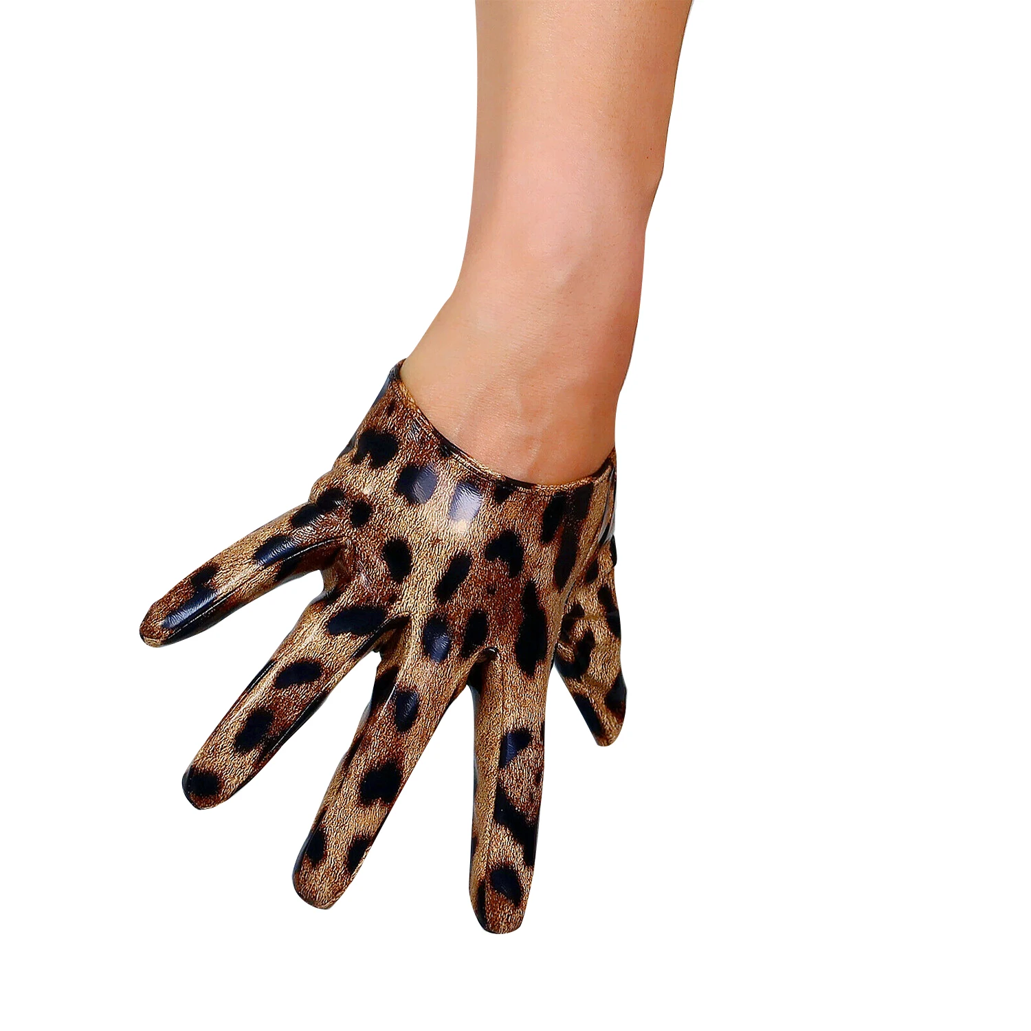 DooWay Women's Patent Leather Short GLOVES Shine Brown Leopard Wild Animal Print Faux LATEX Christmas Fashion Evening Club Glove