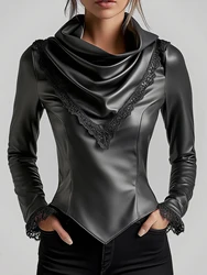 Women Cowl Neck PU Leather Lace Trim Long Sleeve Blouse Cinched Irregular Hem Solid Leather TShirt High Street Spring Streetwear