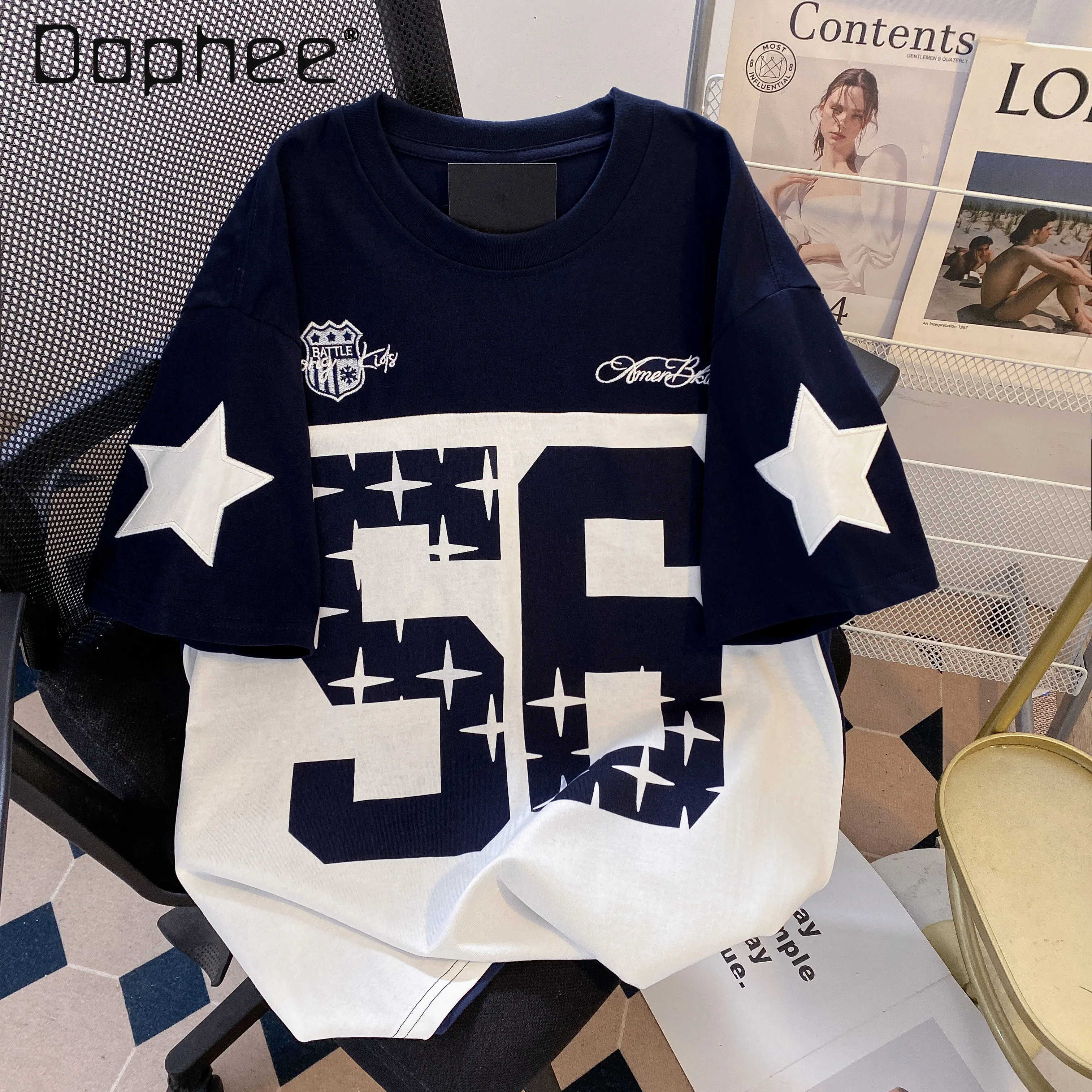 

American Sports Style Men's 56 Number Star Print Navy Blue T-shirt Casual Loose Short Sleeve Streetwear Hip Hop White Tops