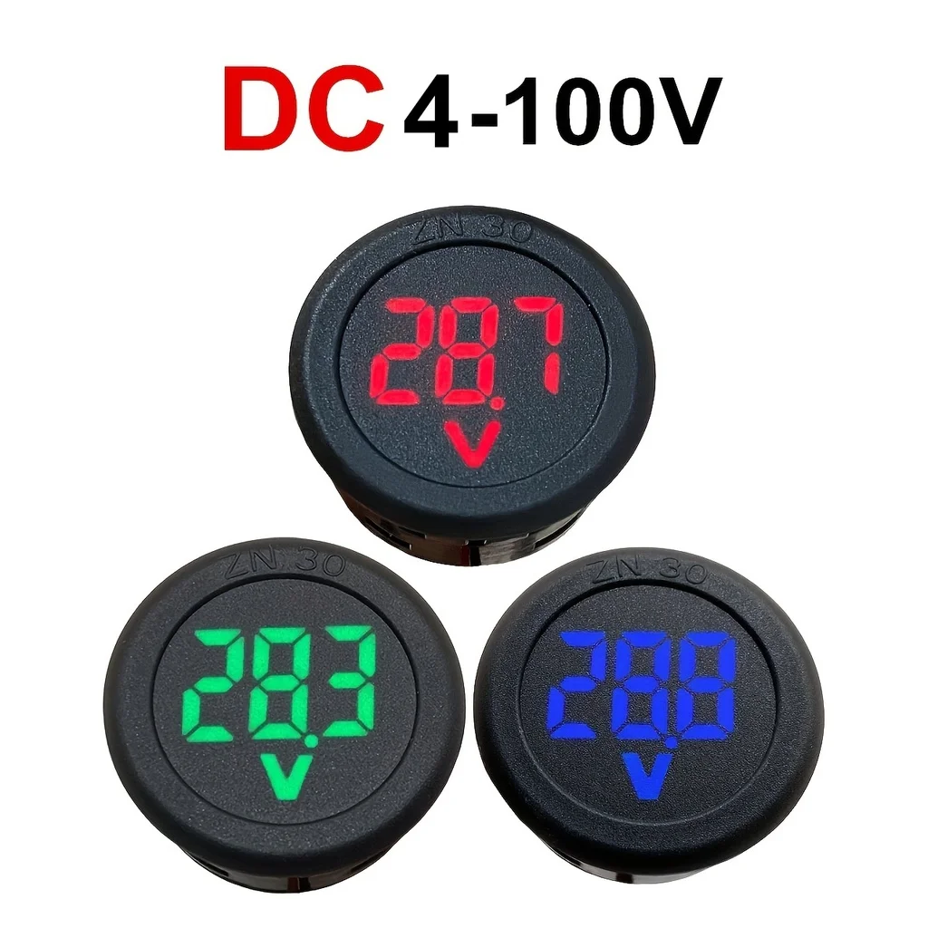1pc DC 4-100V LED Digital Display Round Two-wire Voltmeter DC Digital Car Voltage Current Meter Volt Detector Tester Monitor