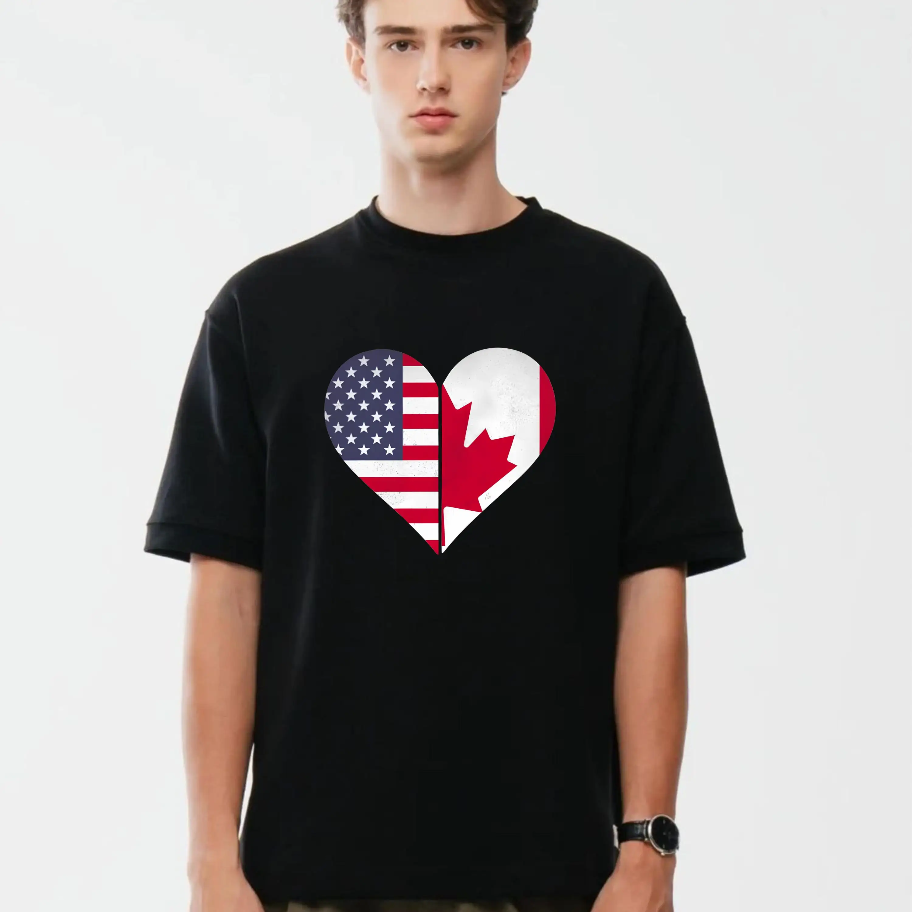 Summer Men's T-shirt, Fashionable Trend Comfortable and Casual US Canada Flag Heart T-Shirt: Distressed Cross Border Friends Tee