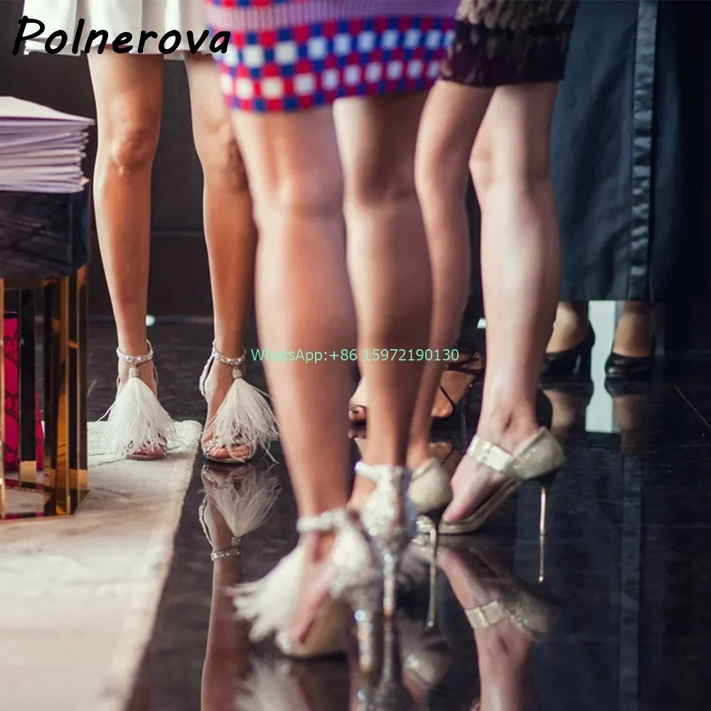 Crystal Feather Nude Sandals Fringe Straight Strap Thin Heels Zipper Shoes Ladies Wedding Elegant Luxury Stiletto Shoes view 3