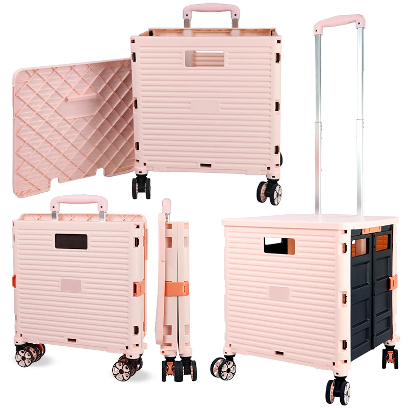 

Portable Grocery Shopping Pink AV Storage Plastic Folding Mini Trolley Shopping Cart Trolleys With Four Wheels