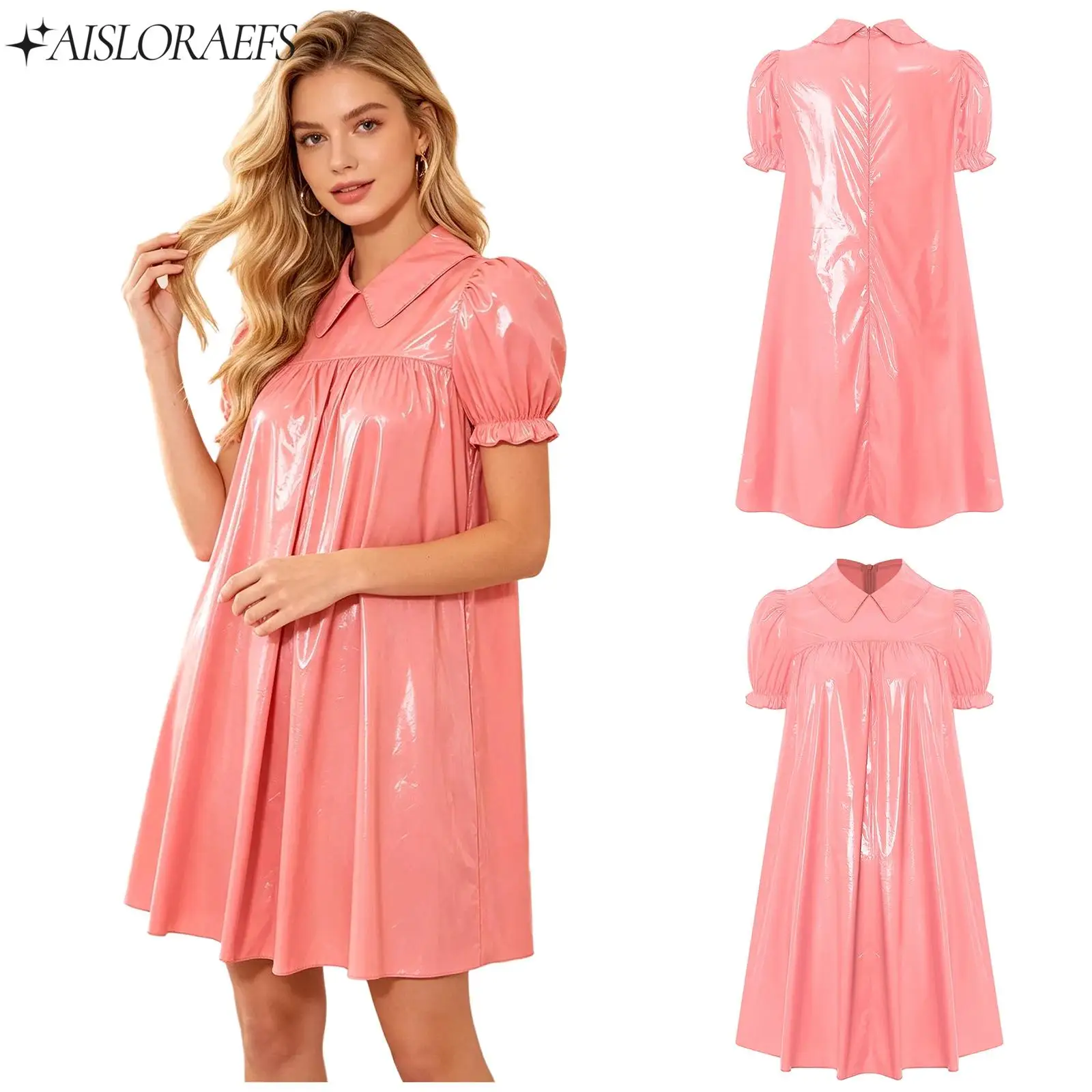 Wasserdichtes Vinyl-Nachthemd für Damen mit Revers, Empire-Taille, Puffärmeln, Schlafkleid, Maskerade-Kleid, Abendkleid, Ballkleid, Party-Kostümkleid