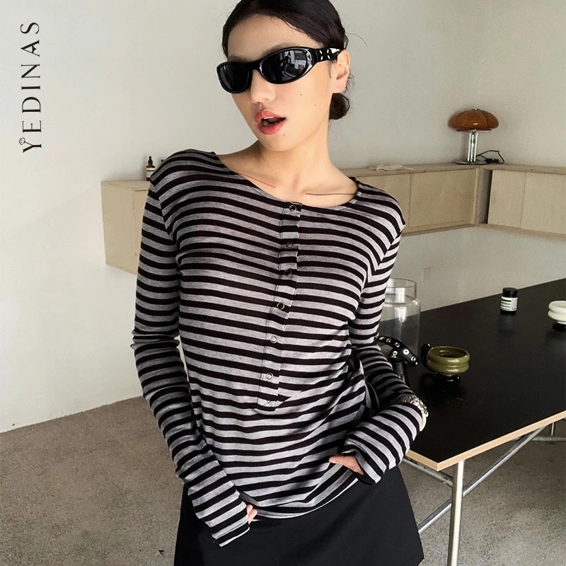 

Yedinas уличная полосатая женская футболка с длинным рукавом, корейская мода, элегантные футболки, женская одежда, женские офисные осенние топы, шикарные