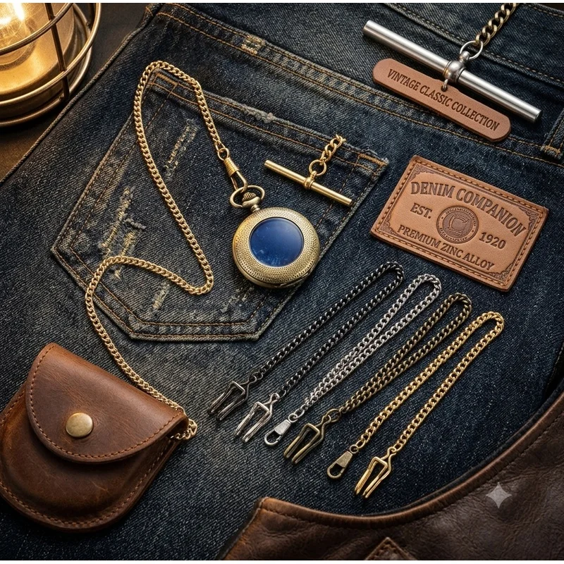 Premium Vintage Classic Denim Durable Zinc Alloy Pocket Watch Chain Fashion Waist Chain Men's Watch Replacement Accessories