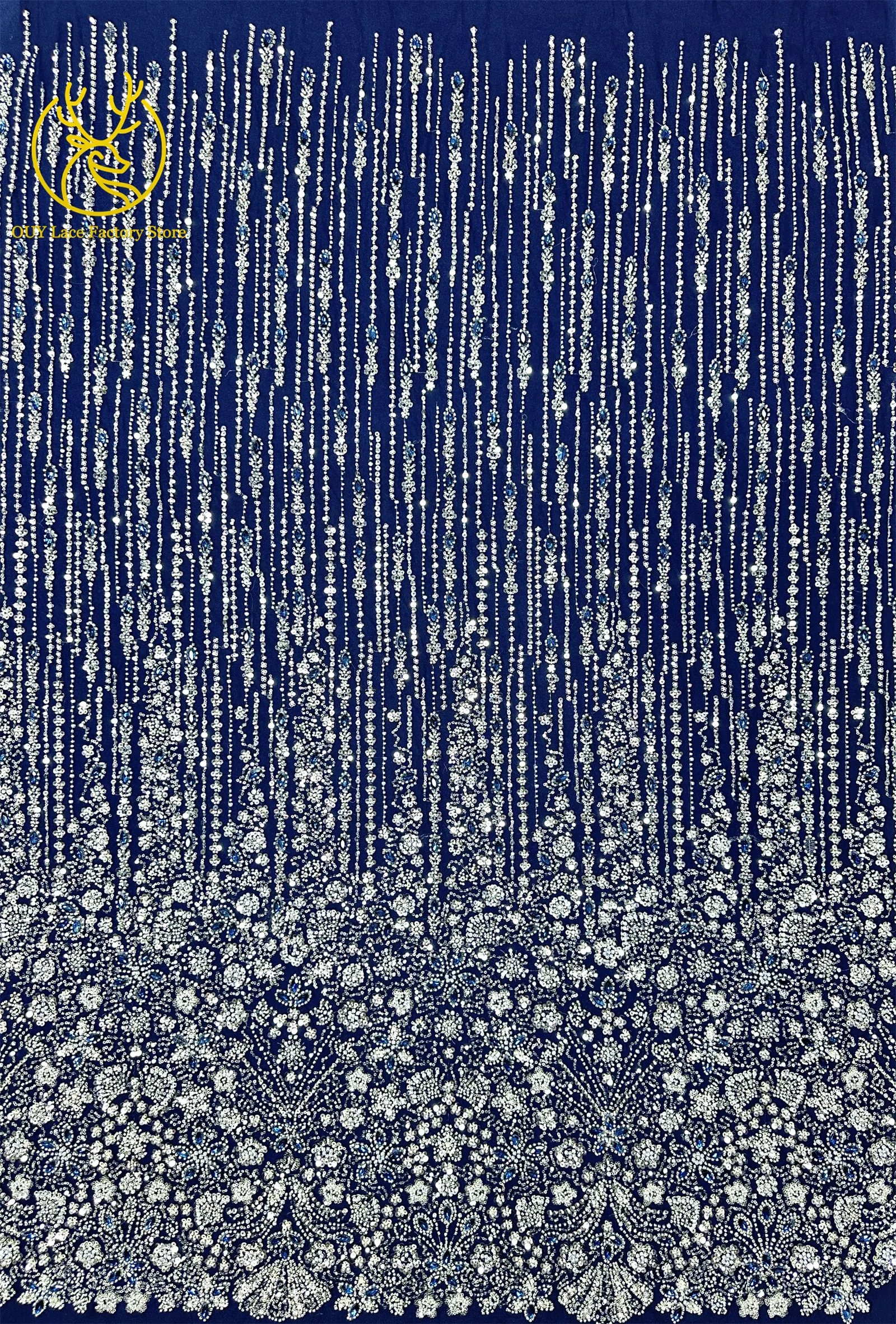 2026 Luxuriöser französischer Mesh-Spitzenstoff mit Perlen und Steinen, marineblau, afrikanischer nigerianischer Edelstein-Pailletten-Spitzenstoff zum Nähen von Hochzeitskleidern – Detail 8