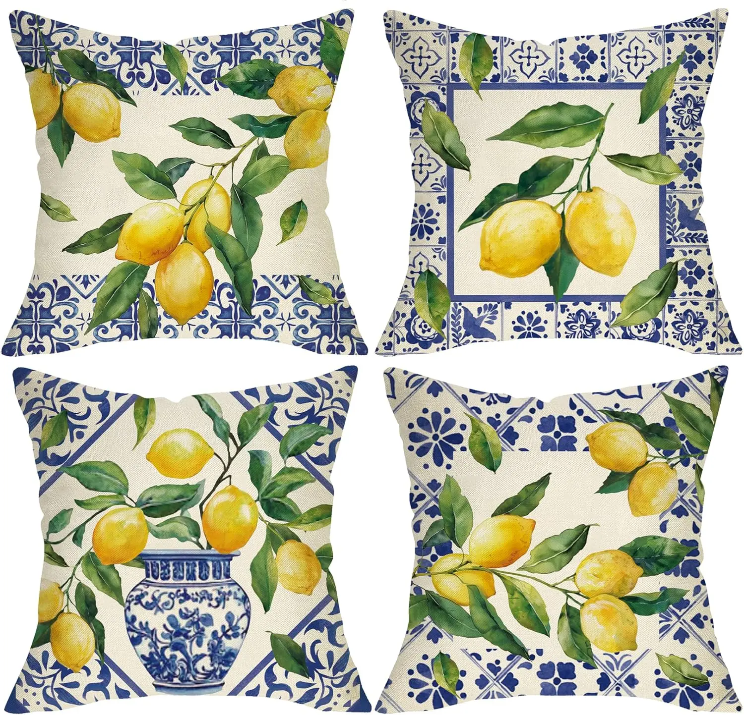 

4Pcs Lemon Throw Pillow Covers, Watercolor Lemon with Blue Tile Border Cushion Cases for Sofa Living Room Bedroom Home Decor