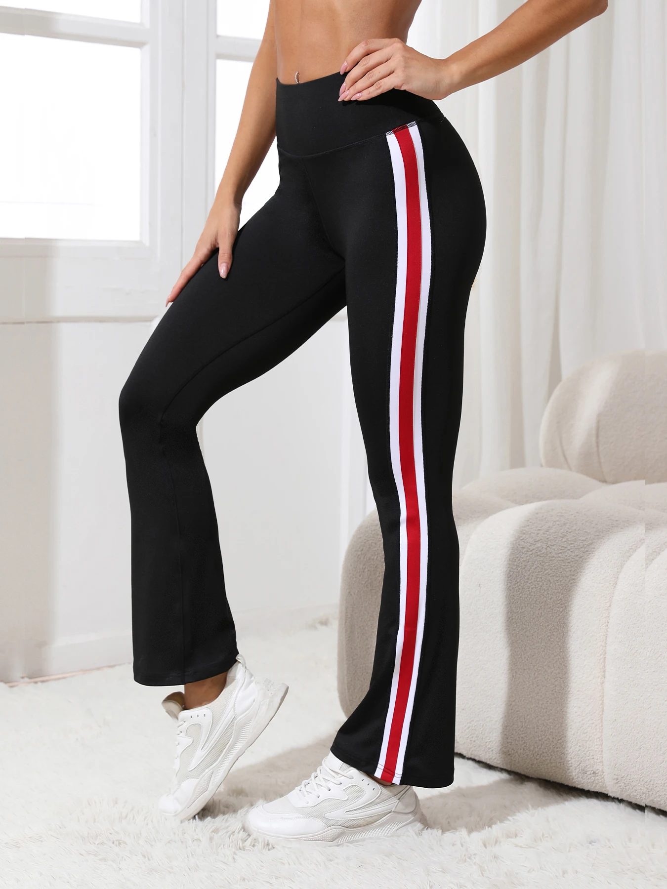 1-piece set of women's casual color blocked bell bottom pants with high waist and abdominal compression sports leggings