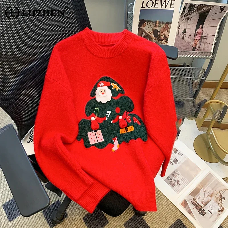 LUZHEN 2024 New Cartoon Style Christmas Tree Patchwork Long Sleeve Knitted Pullover Women's Fashion High Quality Sweater AA2194