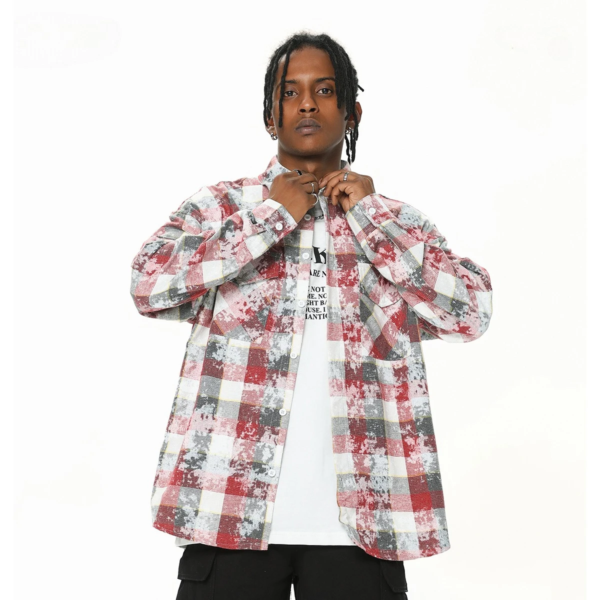 Vintage Distressed Plaid Shirt for Men Women Washed Checkered Long Sleeve Shacket Oversized Streetwear Button‑Up Shirts Outwear