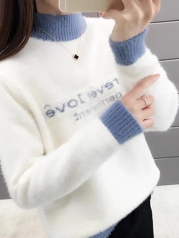 Fleece Lined Knitted Short Sweater Women's Loose Fit Half High Collar Autumn Winter New Style Korean Style Imitation  Fu...