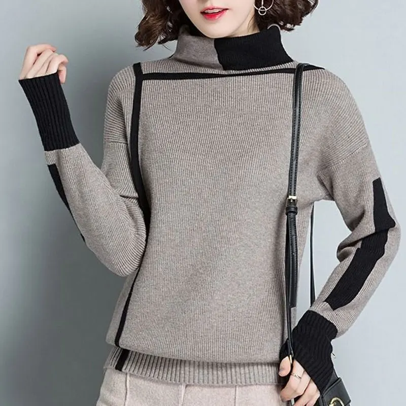 Streetwear Female Stylish Solid Color Knitted Jumpers Autumn Winter Thick Warm Slim Bright Line Decoration Turtleneck Sweaters