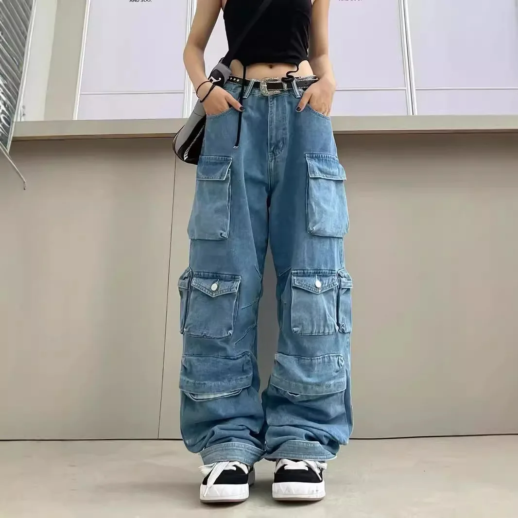 Street Hipster New Fashion Smoke Gray Splicing Multi-pocket Overalls Street Washing Water Old Long Wide-leg Pants