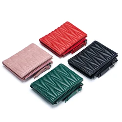 Genuine Sheepskin Luxury Quilted Leather Short Wallet for Women Korean Small Coin Purse Fashion Bifold Female Purse Card Holder