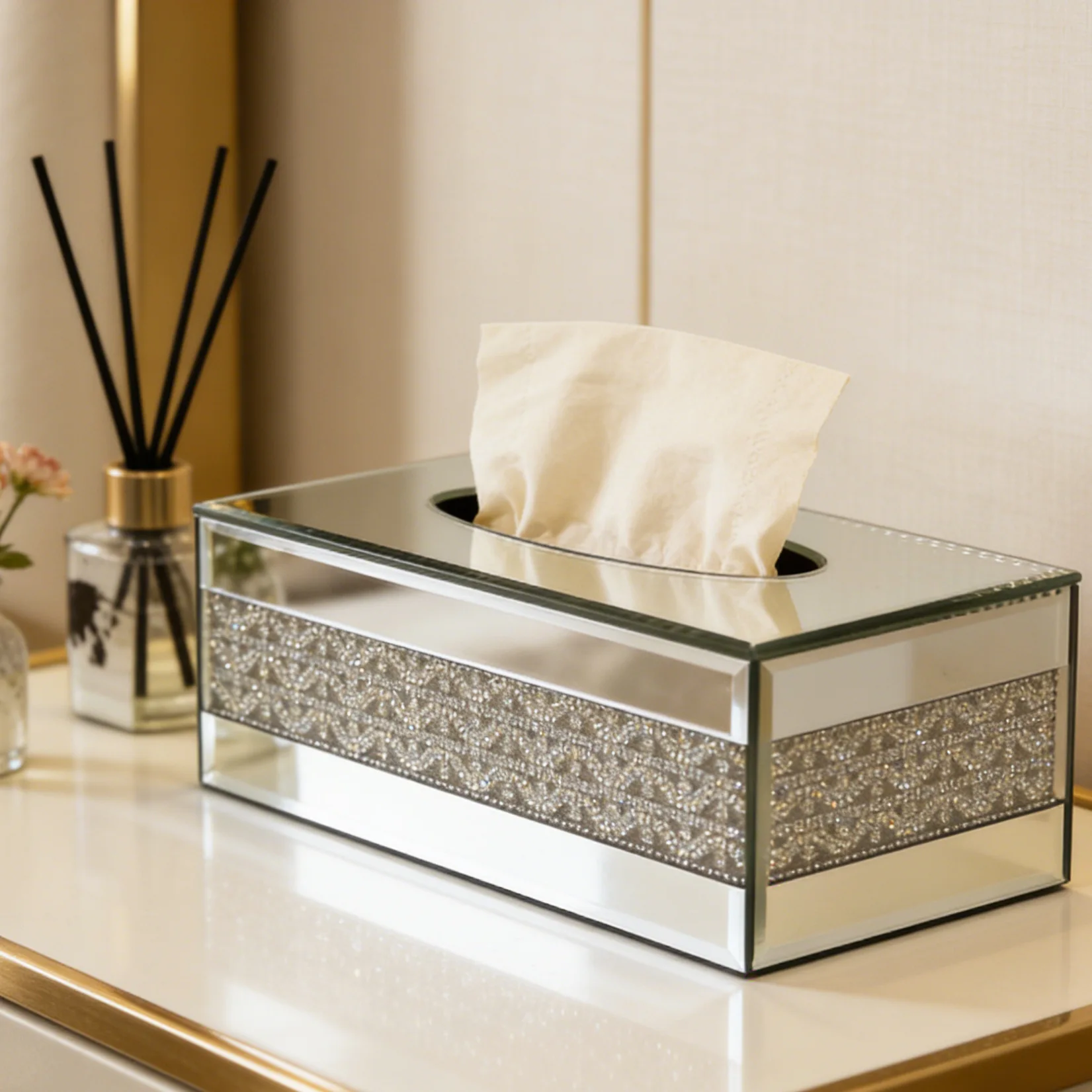 Bling Rhinestone Crystal Tissue Box Creative Glass Tissue Holder Desktop Room Decorative Storage Box Cube Napkin Bar Napkin Case