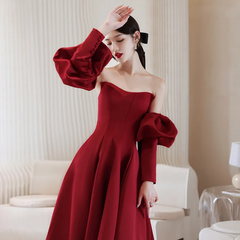 

Elegant Burgundy Tube Top Wedding Dresses Bride Long Formal Prom Party Gowns Toast Clothing vestidos de fiesta