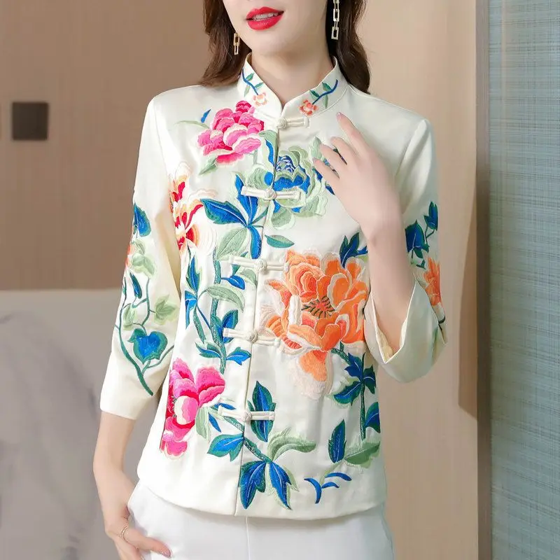 Vintage button cardigan blouse female top Spring 2023 New embroidery Slim Chinoiserie cheongsam collar casual shirt blouse Women