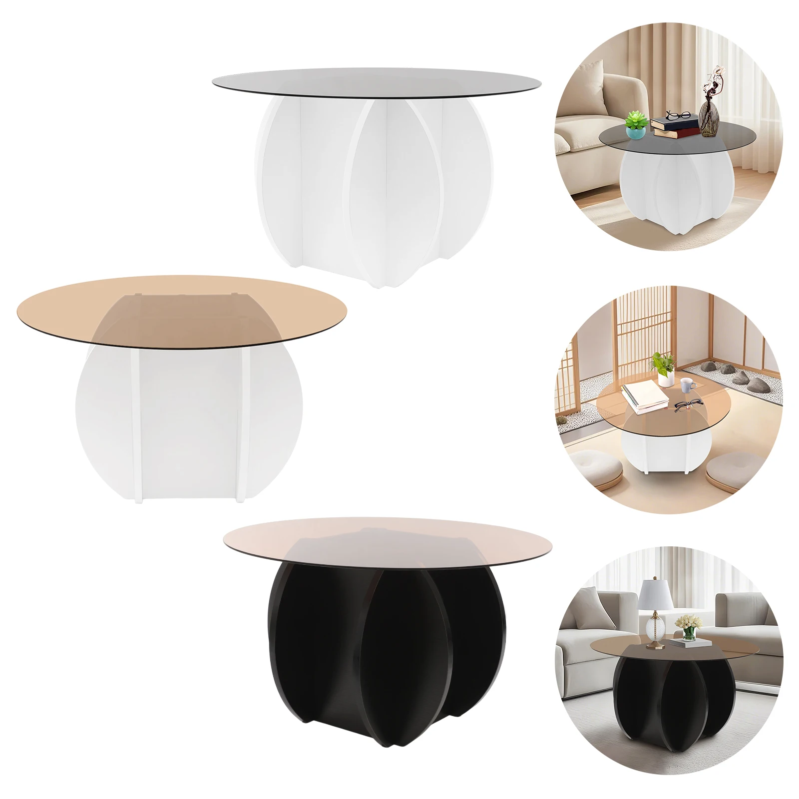 70cm ラウンドパーティクルボードコーヒーテーブル、ホワイト/ブラック/タウニーガラステーブルトップコーヒーテーブルオフィス、リビングルーム用フロアスタンディング