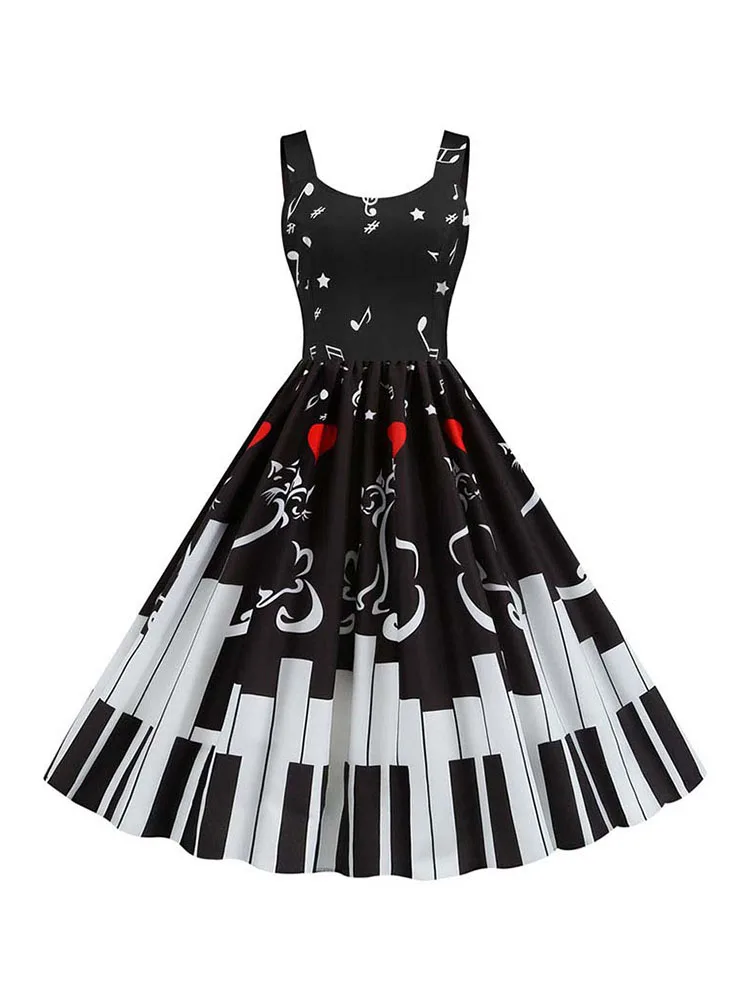 أسود الموسيقى ملاحظة طباعة السباغيتي حزام ألف خط فستان مثير المرأة ملابس الحفلات سليم صالح خمر نمط لعيد الحب الصيف #1