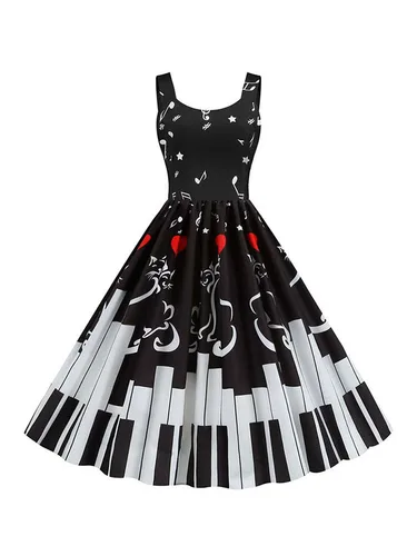 Vestido acampanado con tirantes finos y estampado de notas musicales negras, ropa de fiesta Sexy para mujer, estilo Vintage ajustado para el Día de San Valentín de verano