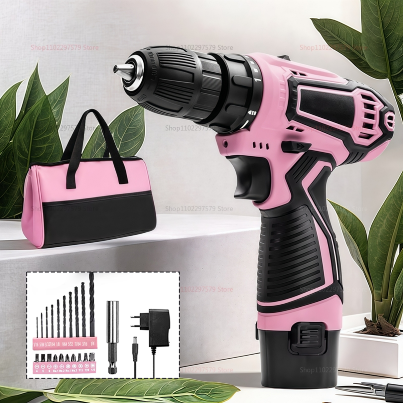 12V Electric Screwdriver 25+1 Torque Cordless Drill Mini Wireless Power Tools Lithium-Ion Battery Pink Drill