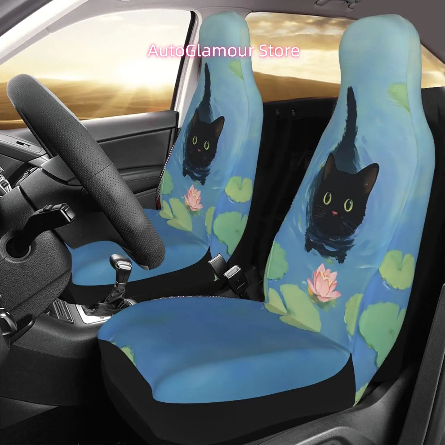 Lotus Black Cat Car Seat Covers Set of 2, Cute Non-Slip Front Car Seats Covers Universal for Most Cars, Suvs,Truck,Vehicle Inter