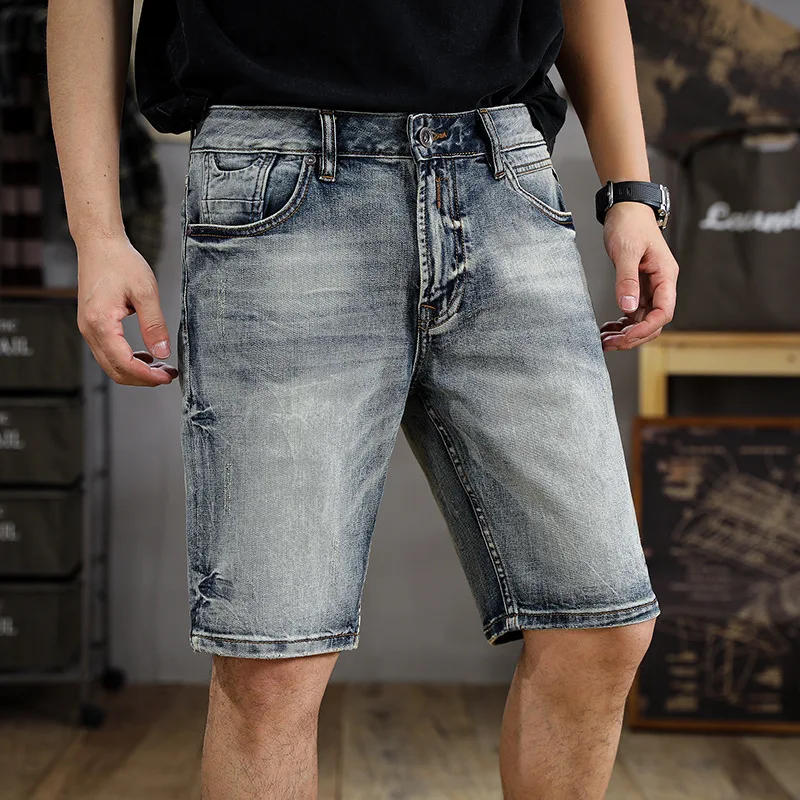 2024 new high-end retro washed men's jeans shorts summer new fashion casual street fashion all-match slim straight pants